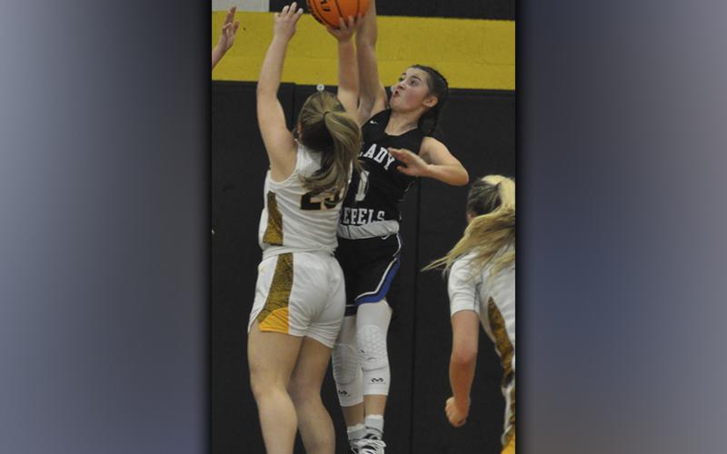 Lady Rebel Courtney Davis rejects a Lady Bulldog shot Saturday, December 4, in the Lady Rebels game against Murphy.