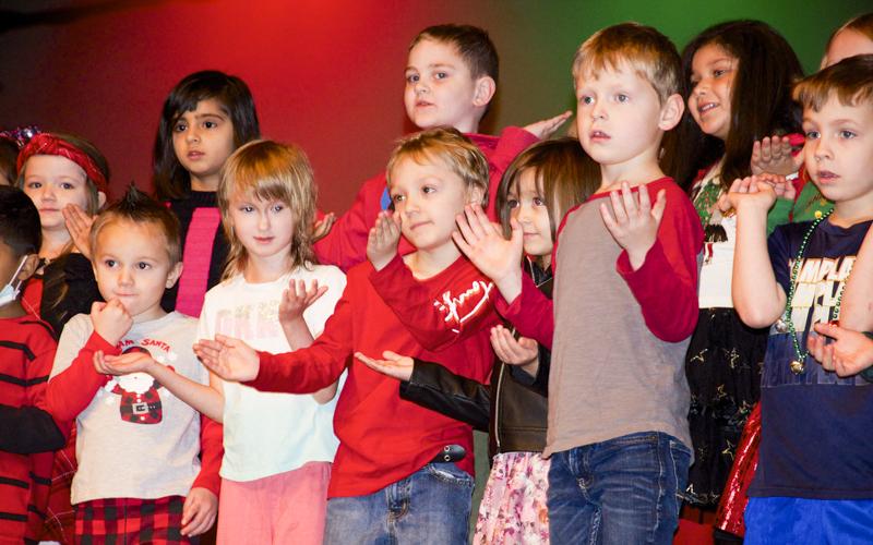 West Fannin Elementary School students, from left, front, Kendrick Campbell, Renae Ingram, Isaiah Mumpower, Jayden Price, Gunnar Westphal, Leland Messmore and, back, from left, Scarlett Holloway, Ezzah Kalyar, Michael Peery and Larisa Olvera perform during the school’s White Christmas performances.