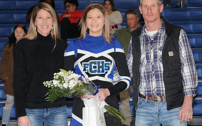 A varsity cheerleader for three years, Kiersten Queen was honored on Senior Night Friday, January 7, at the Fannin County High School gym. She was escorted by Chris and April Queen.
