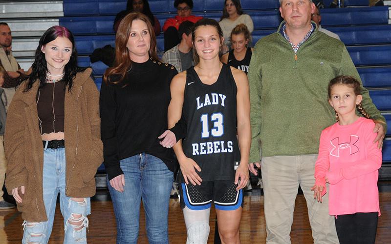 Fannin County Lady Rebel Becca Ledford, a four-year player on the Lady Rebels varsity, was honored during Senior Night Friday, January 7, at Fannin County High School. She was escorted by her parents, Cami and Philip Ledford, and her sisters, Reagan, far left, and Lennon.