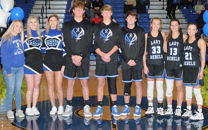 Seniors were honored last Friday night when the Fannin County High School Rebels hosted Gordon Central. Shown following the ceremony recognizing their individual accomplishments and future plans are, from left, Emily Turner, Elizabeth Ann Arp, Kiersten Queen, Kaleb Green, Landon Norton, Jordan Bennett, Reagan York, Becca Ledford and Jenna Young.
