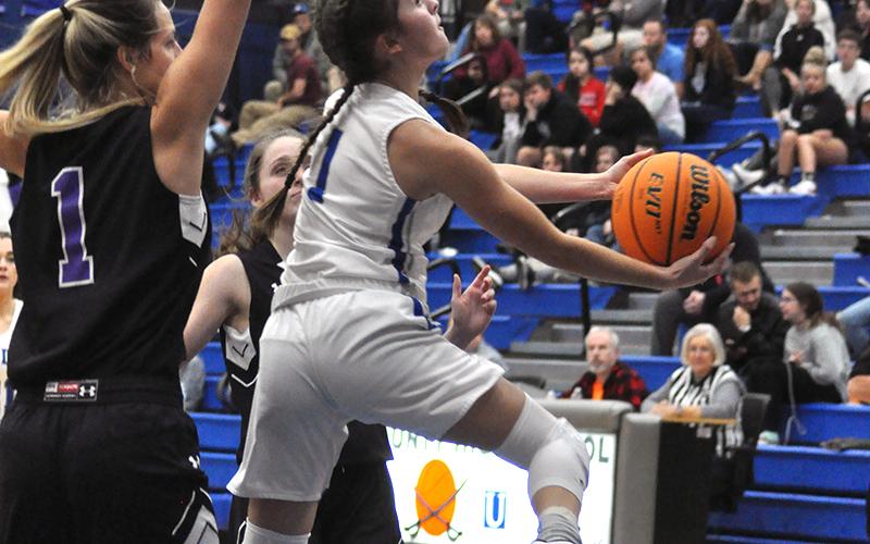Courtney Davis finesses a two-point basket in recent action for the Fannin County Lady Rebel basketball team.