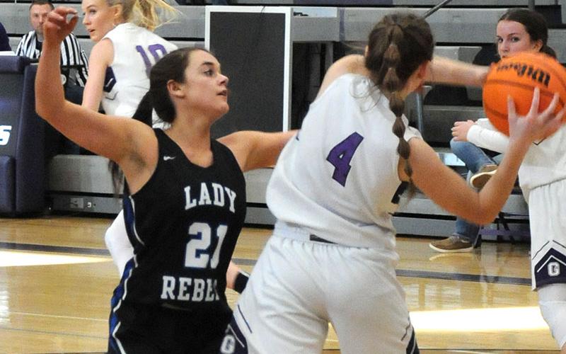 Fannin County’s Jenna Young shows off some of the Lady Rebel defense that is keeping opponents in check this season as she takes on a Gilmer County opponent Sunday in Ellijay.