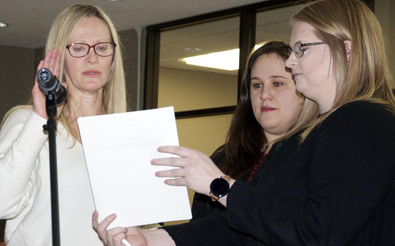 New Blue Ridge Councilwoman Angie Arp, left, was sworn into office during the council’s first meeting Tuesday, January 18. She is shown with daughter Whitney Arp Mayer, middle, and City Clerk Amy Mintz.