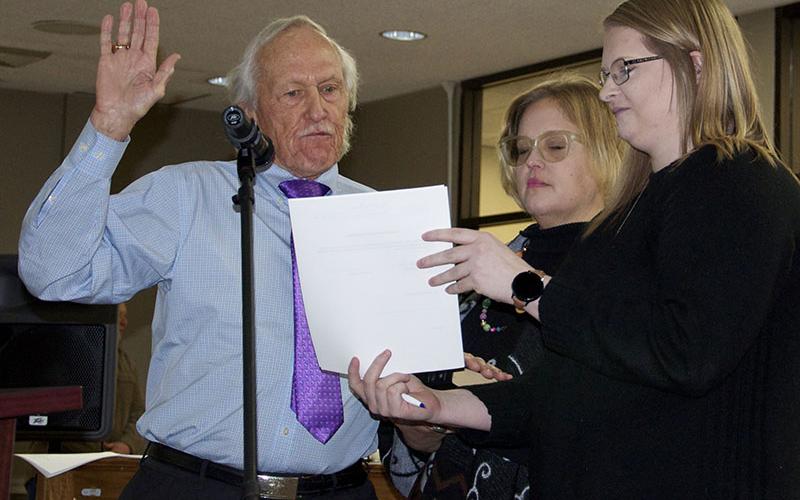 Dr. Bill Whaley is shown being sworn onto the Blue Ridge City Council during the council’s first meeting Tuesday, January 18. He is shown beside Allison Whaley, middle, and City Clerk Amy Mintz.