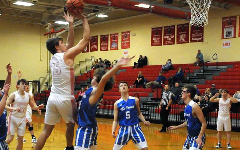 Copper Basin’s Joe Boggs aims for two of the 13 points he scored against Sale Creek when the teams met last Thursday night.