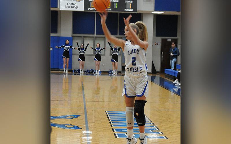 Ellie Cook takes aim for the Fannin County Lady Rebels. She led Fannin County with 16 points against Pepperell High School Friday, February 11.