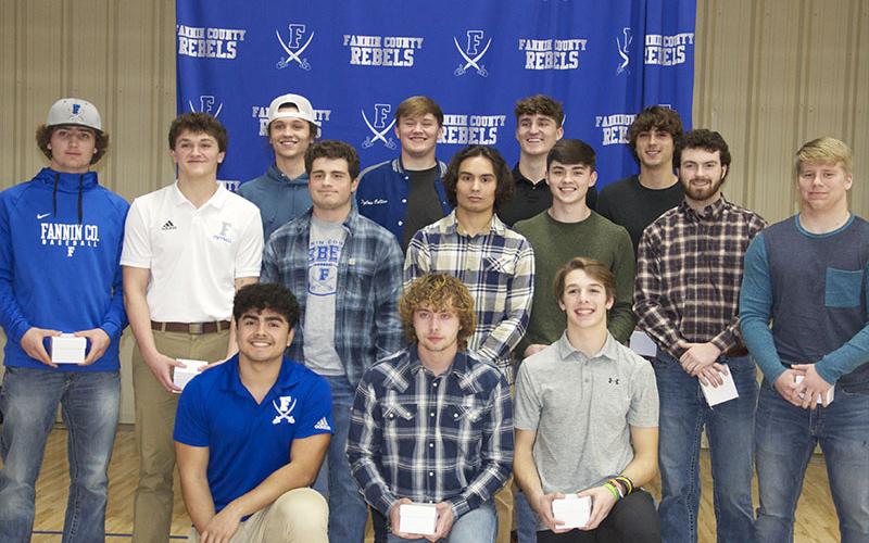 Seniors of the Fannin County High School 2021-22 football team are shown during their end-of-the-year banquet, from left, front, Ricardo Arellanes, Jackson Davis, Carter Mann; middle, Jason Pearson, Isaac Davis, Chris Gaitonoglou, Austin Garland, Easton Chancey, Sawyer Moreland, Scott Pulliam; and, back, Cason Owensby, Dylan Collins, Seth Reece and Hayden Lynch.