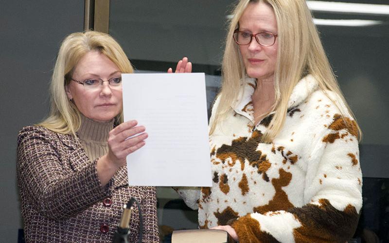 Blue Ridge Councilwoman Angie Arp, right, is shown taking her Oath of Office onto the downtown development authority after being appointed by the council. She is shown with Mayor Rhonda Haight.