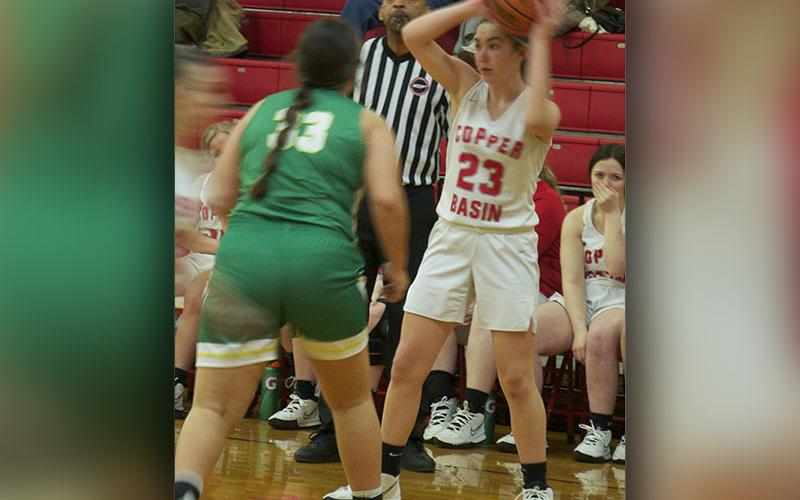 Zoe Green looks for an open teammate in action last week for Copper Basin’s Lady Cougars.
