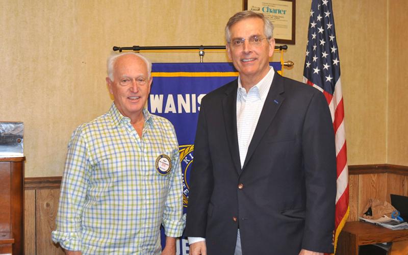 Georgia Secretary of State Brad Raffensperger, right, is shown with Kiwanis Club of Blue Ridge President Bill Echelberger while at the club’s meeting Monday, March 21.