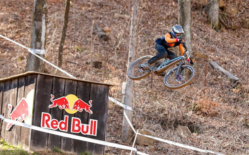 Aiden Carder catches air during the first round race of the USA Cycling National Downhill Series.