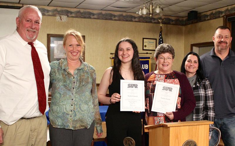 Mountain Area Christian Academy senior Lacey Tipton was recognized as the 2022 MACA Student Teacher Achievement Recognition (STAR) student at the Kiwanis Club of Blue Ridge’s annual banquet Monday, February 28. Shown are, from left, MACA administrators Steve and Nikki Shamblin, Tipton, 2022 MACA Star teacher Jan Jones and Tipton’s parents Dana and Mitchell Tipton.