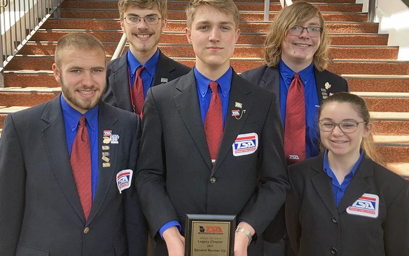 Fannin County High School Technology Student Association (TSA) earned recognition as the third place chapter in Leap Legacy, where the chapter demonstrated all of their accomplishments throughout the school year. Shown are, from left, front row, Sam Jabaley, Bryce Ware and Emma Pittman; and back row, James Kyle and Logan Martin.
