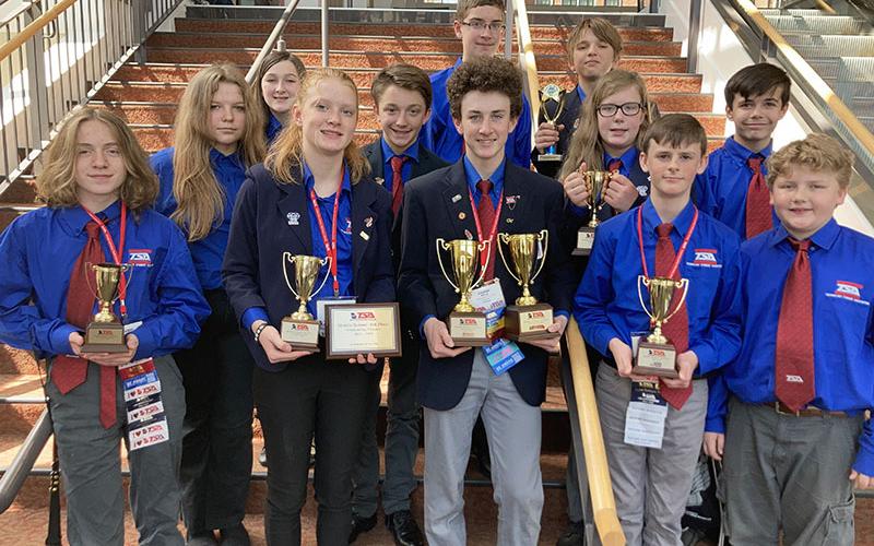 Fannin County Middle School Technology Student Association (TSA) placed fifth in the overall chapter competition out of more than 25 chapters at the Georgia TSA State Conference in Athens, Georgia, March 16 to March 19. Shown are, from left, front row, Aiden Jones, Katelyn Clark, Conner Kyle, Sawyer White and Brody Graham; and back row, La’cole Moler, Airanna Galloway, Cayson Mitchell, James Burrell, Rylin Davis, Castle Barnett and Cayden Cantrell.
