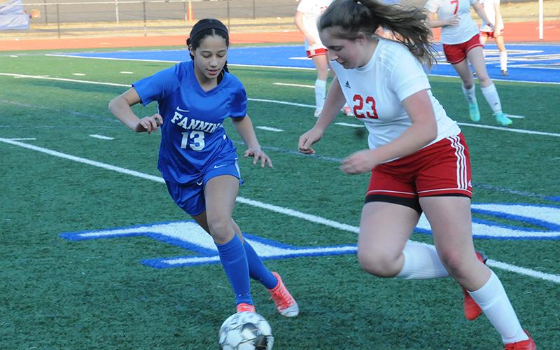 Lady Rebel Stephanie Kirk looks for a steal in recent action for the Fannin County High School women’s soccer team.