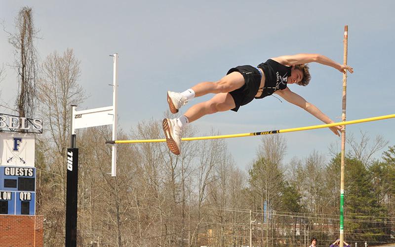 Tyler Stevenson extends as he clears over the crossbar in recent action for the Fannin County High School Track team.