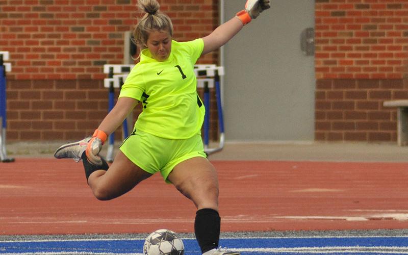 Senior goalkeeper Rachael Jessen boots a goal kick during the Sweet Sixteen game against Thomasville, Wednesday, April 20.