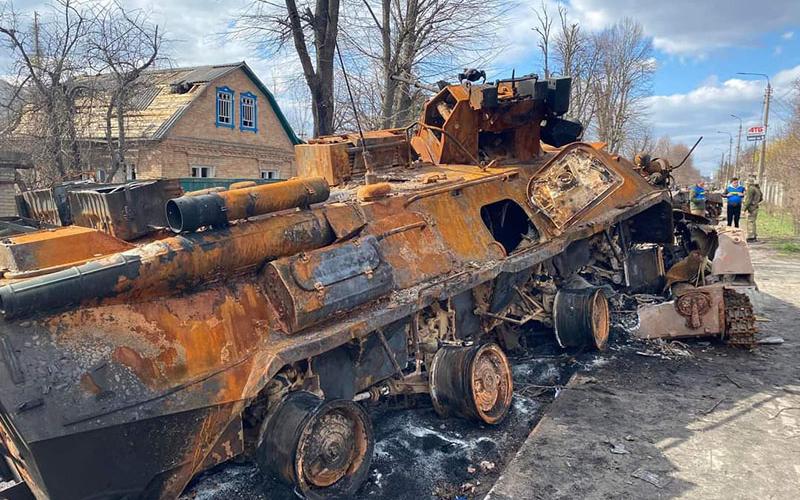 A Russian tank sits destroyed by a rocket propelled grenade on a street in Mariupol. After Bob Renneke left Ukraine, the city was completely shut down after Russian forces took control of the area.