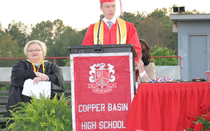 Carson Fowler delivered the Valedictory Address at Copper Basin High School’s graduation ceremonies for the Class of 2022 Friday night, May 20, on the high school football field.