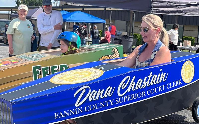When the Blue Ridge Soap Box Derby ran short of racers, Blue Ridge Mayor Rhonda Haight, in the Dana Chastain car, filled in to race against the Feed Fannin car she sponsored for the race.