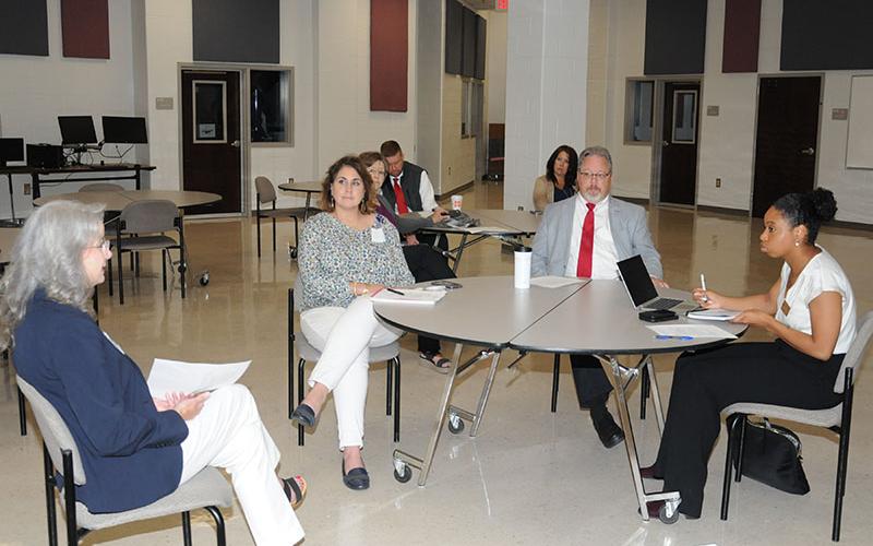 School nutrition representatives from seven North Georgia districts met with Andrea Wiggins, right, U.S. Senator Raphael Warnock’s outreach representative, to discuss problems with feeding children during the 2023 school year. From left are Martha Williams of Fannin County, Patricia Partin of Gilmer County, Julie Knight-Brown of Lumpkin County, Dr. Michael Gwatney of Fannin County, Sarah Rigdon of Fannin County and Scott Richardson of Dawson County.