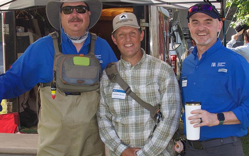 TVA Media Day participants had the option to choose fly fishing as their activity of the day. Shown, from left, are Clint Jones, Owner of Toccoa River Outfitters &amp; Fly Shop Andrew Bruce and TVA Representative Bob Dalrymple.