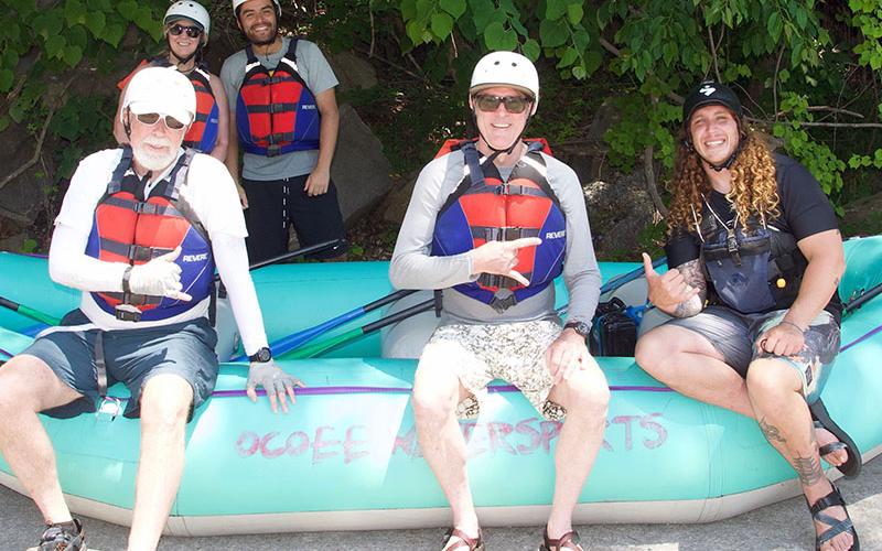 TVA Media Day participants had the option to choose whitewater rafting for their daily activity. Each participant had the opportunity to raft the upper and middle sections of the Ocoee River. Shown, from left, front row, are Tennessee Wesleyan University Representative Paul Willson, University of Tennessee Chattanooga Representative Chris Gilligan and Ocoee River Guide at Ocoee Water Sports Alex Storgion, back row, University of Tennessee Chattanooga Representatives Bridgett Hornsby and Bernardo Martinez.