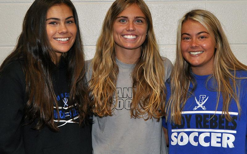 Fannin County High School senior soccer players, from left, Taylor Poland, Kinsley Sullivan and Rachael Jessen were selected to be a part of the Georgia Team in the Georgia vs. Tennessee All-Star Game at the Red Wolves Stadium Saturday, June 4.