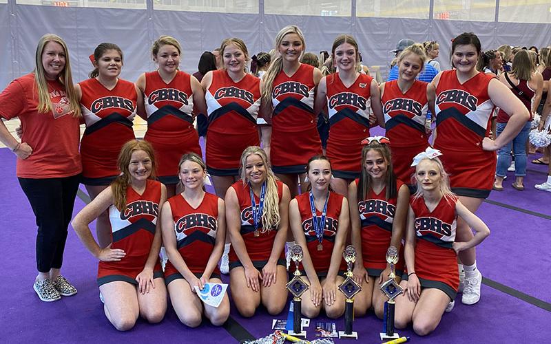 The Copper Basin High School Cheer Squad returned from camp with a host of awards. Cheer squad members include, from left, front, Peyton Williamson, Krystin Kraft, Destiny Pittman, Maddie Cribbs, Taylee Hall, Emily Miller, and back, Coach Amber Grabowski, Nicole Marrie, Kenzlie Ballew, Claire Ledford, Sapporiah Ross, Peyton Grabowski, Riley Hall and Ella Nicholson.