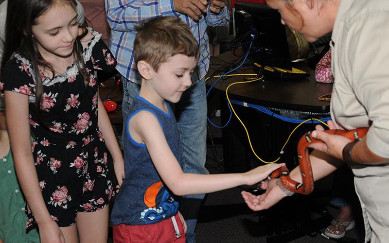 Leon, 8, is first to pet Kathy Church’s King snake as his sister, Diana, 10, watches over his shoulder. Church also brought other specimens of snakes, including two Eastern Rat Snakes that were totally different in appearance, to show the group at the Fannin County Public Library. Several parents and grandparents joined the youngsters for the presentation.  .