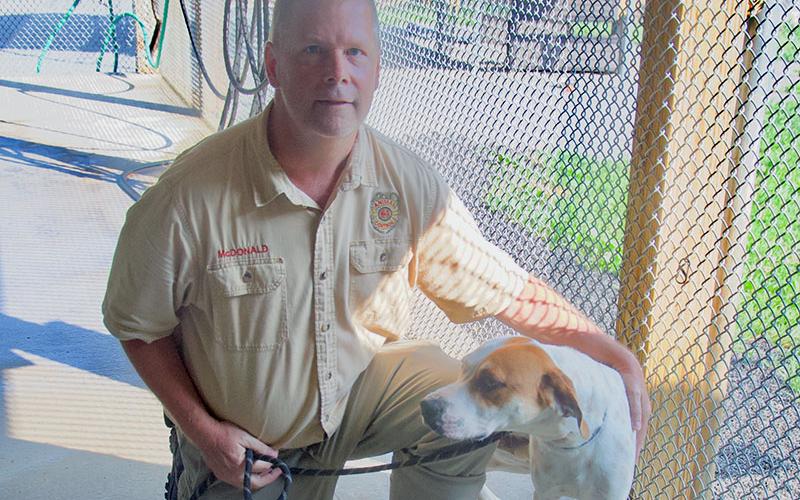 This sweet puppers is a male Hound mix who was found on 111 Albion Street in McCaysville June 15. He has a white coat with brown patches on his face. He is shown with Animal Control Officer Luke McDonald. View him using intake number 195-22.