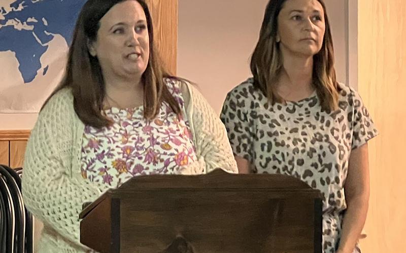 Tara Cantrell, left, and Sheena Rymer told the Fannin County Board of Education about the Summer Bash planned July 9 to help students get ready for the start of school in August.