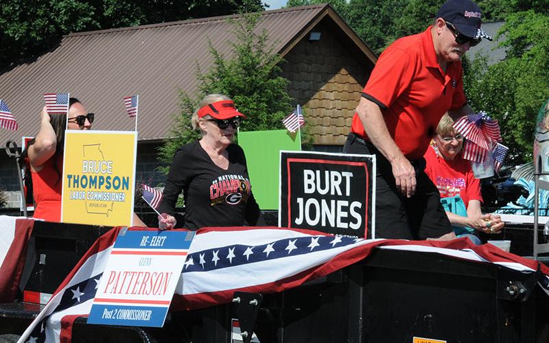 The Fannin County Republican Party filled a float with the names of its candidates in the upcoming November General Election. At the front, Fannin County Post 2 Commissioner Glenn Patterson prepares to make a last minute adjustment to the float.