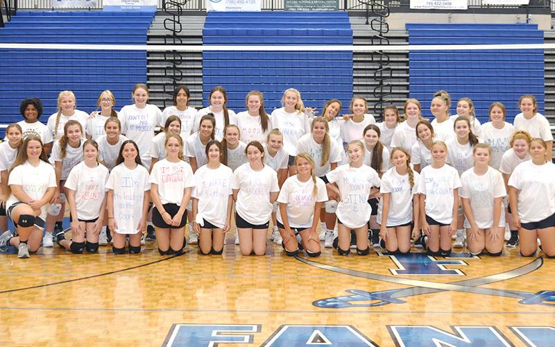 The Fannin County Middle and High School volleyball teams held a team tournament Thursday, July 14. Shown are, from front left, Mattie Mathis, Hannah Cochran, Ashlyn Jones, Avery Collis, Ali Jones, Megan Jones, Sienna Seagle, Jace Sanderson, Adalyn Stanley, Audrey Veal and Abigail Waters; from middle left, Alyssa Bolling, Blair Deal, Morgan Craine, Cali Tuggle, Rylee King, Kaylie Davenport, Maggie Leford, Maya Butler, Kaida Lenz, Lexi Howard, Maddie Pelfrey and Cassidy Walden; from top left, Emma Chambers,