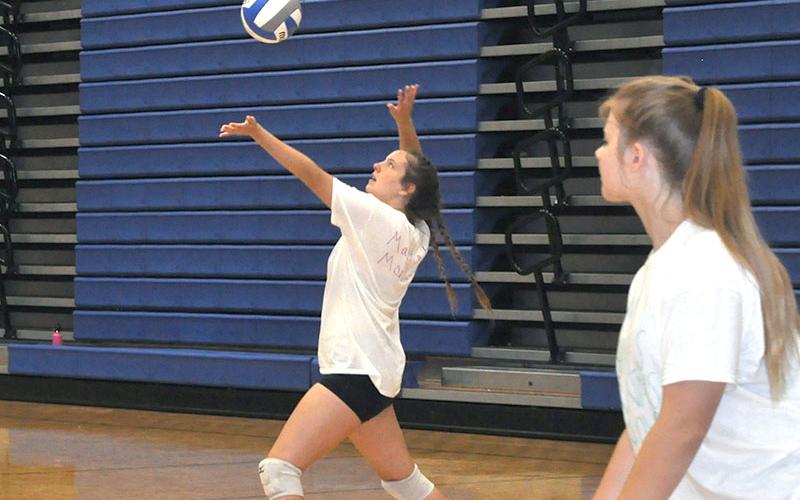 Alayna Dockery tosses the ball up for a serve during an exhibition match for the team tournament Thursday, July 14.