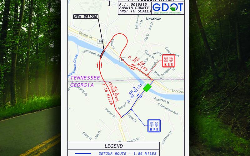 This Georgia Department of Transportation map, recently sent to Fannin County Commission Chairman Jamie Hensley, shows a detour route for the replacement of the William T. “Boss” Mull Memorial Bridge. The detour would use the bridge and McCaysville bypass, which still have to be constructed.