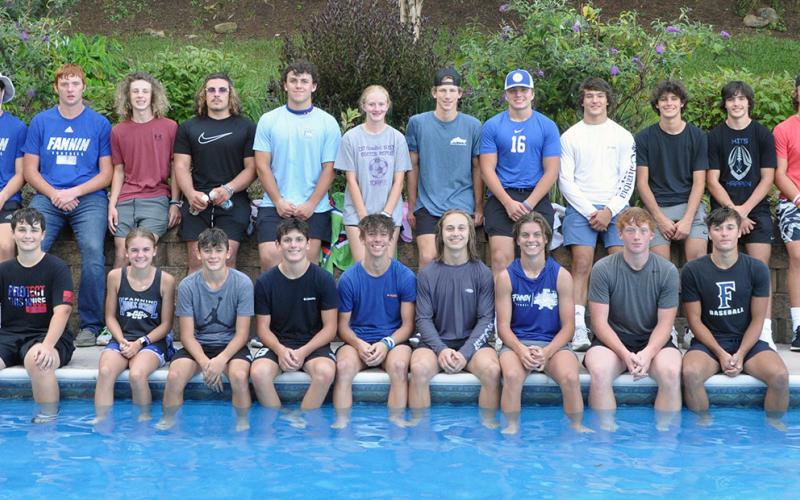 The Fannin County student athletes who were baptized by Matt Queen, North Central director for the Fellowship of Christian Athletes (FCA), Tuesday, September 6, are shown, from left, front, Graham Maloof, Annaleigh Cheatham, Braxton Cheatham, Vince Foster, Braden Taylor, Carson Callihan, Lawson Sullivan, Jeremy Tammen and Bryson Holloway.