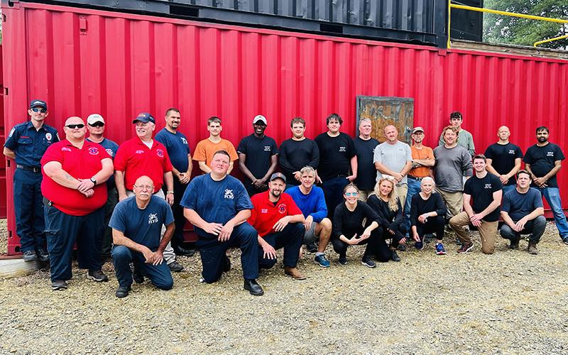 Shown at the training are, from left, front, Deputy Chief Rob Ross, Marus Hanie, Lieutenant Will Reed, Bobby Watkins, Courtney Craine, Mary McGuire, Sharon Fox, Parker Schilling, Mike Miller; and, standing, Training Chief Michael Cornelius, South Battalion Chief Mathew Karry, Lieutenant Justin Turner, Instructor Jim Edlestein, Steven Kirby, Justin Patterson, Billy Presume, Joseph Hughes, Kaleb Couch, Jeffrey Jones, Matt Green, Fred Koestler, Gene McClure, Cody Gray, Jeffrey Sehl, and Harry Patel.
