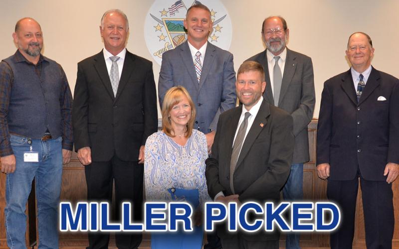 Members of the Fannin County Board of Education voted unanimously for Shannon Miller to become the next superintendent of Fannin County schools. Miller, front left, is shown with Superintendent Dr. Michael Gwatney. School board members showing their support for Miller were, from left, back, Mike Cole, Terry Bramlett, Chad Galloway, Lewis DeWeese and Bobby Bearden.