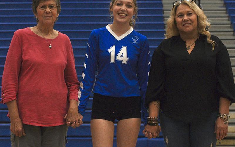 The Fannin County High School volleyball team honored their seniors Tuesday, October 4. Senior Elyssa Whicker, middle, was escorted by her grandma Doris Bridges, left, and her mother Shannon Whicker.