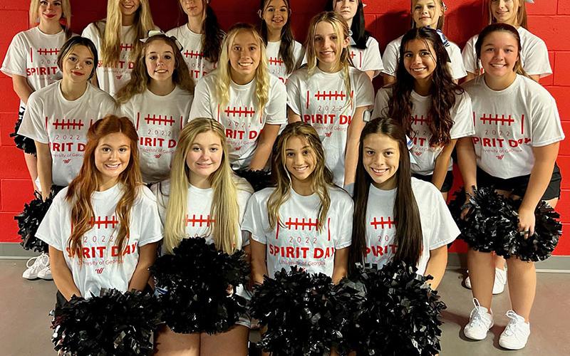 The Fannin County High cheer team is pictured at the University of Georgia’s Spirit Day at Stanford Stadium Saturday, September 24, where the team was invited to perform at halftime of the game. Shown are, from left front, Olivia McAllister, Katherine Tamberino, Ava Decola and Madison Ponton; middle, Cheyanne Hasker, Lexi Cook, Ryan Larson, Makya Watson, Estrella Kreais and Sydney Chancey; and back, Abby Chambers, Ana Marie Kaylor, Olivia Ray, Kylah Imhoff, Charity Partin, Kyla Stillwell, &amp; Keira Cook.