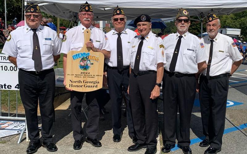 Members of the North Georgia Honor Guard were presented the Blues &amp; BBQ Hall of Fame Award during the annual festival in Blue Ridge. Shown following the presentation are, from left, Richard Crosley, Honor Guard Commander Bill Stodghill, Chris McKee, Bill Hall, Nick Winberley and Steve Strickland.