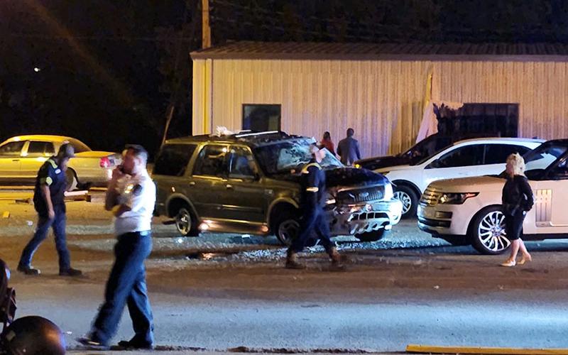 This was the scene at approximately 10:30 Friday night in Copperhill after the Ford SUV in the center of the picture crashed into and then went through the building in the backgrouond at the end of Ferry Street. The building, located not far from the back of the former New York Restaurant, reportedly belongs to Dr. Richard Tanner. Official reports were not available Monday due to the Columbus Day Holiday.