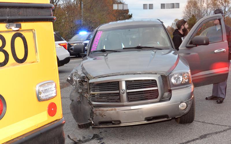 This Dodge Dakota pickup was damaged in a crash with a Fannin County school bus last Wednesday morning.