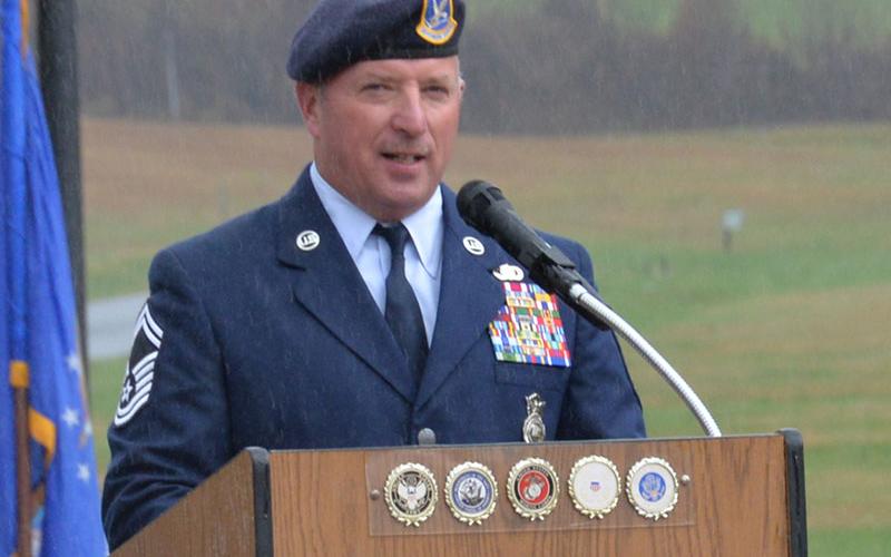 Senior Master Sergeant (retired) Harold Bargeron quoted Ronald Reagan saying, “Freedom is never more than one generation away from extinction” during the Veterans Day ceremony Saturday as the rain fell in Blue Ridge.