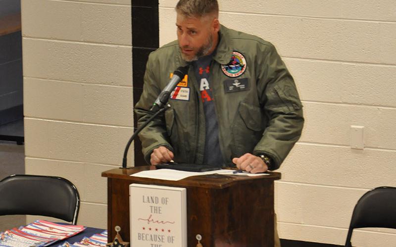 Pictured is Joey Gryzenia, a member of the US Coast Guard. He was chosen to be the guest speaker at West Fannin Elementary School for the Veteran’s Day Program November 9.