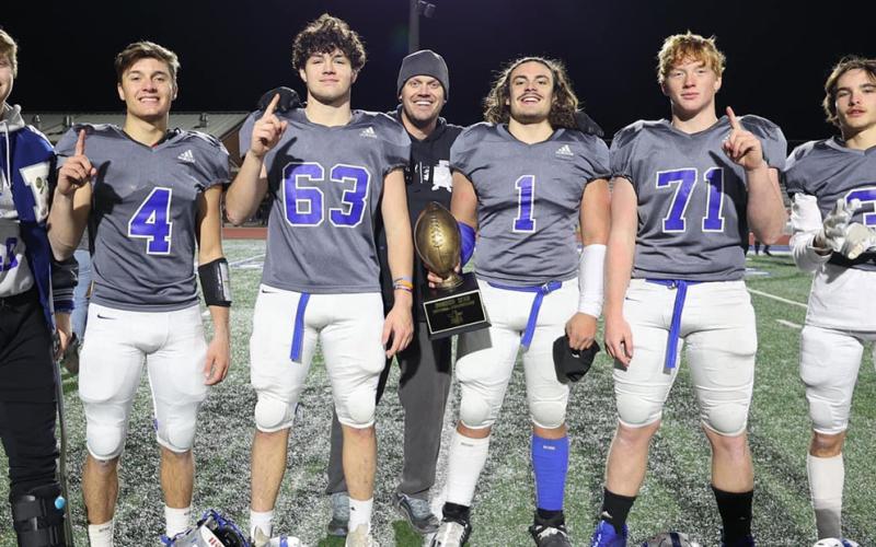Fannin County High School hosted the FCA Border War football game between Team Georgia and Team Tennessee. Shown are, from left, Cade Sands, Bryson Holloway, Nate Maloof, FCA Director of North Central Georgia Matt Queen, Andrew Waldrep, Jeremy Tammen, Clay Heaton and not pictured Jack Kantner were the seniors selected from Fannin to play on Team Georgia which won the Border War game and took home the trophy.