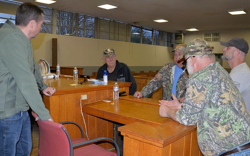Polk County commissioners, from left, Keith Barker, Mush Davis, Greg Brooks, Shane Bowman and Joe Akins, met at the old Polk County Courthouse in Ducktown Tuesday, November 29. They decided to close the building to the public immediately because of numerous unsafe conditions and to begin efforts to replace the aging structure.