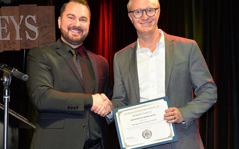 Frank Wood, chief assistant district attorney for the Appalachian Judicial Circuit, was presented a certificate of appreciation for service as the guest speaker for the recent Governor’s Office of Highway Safety banquet in McCaysville. McCaysville Police Chief Michael Earley presented the certificate.